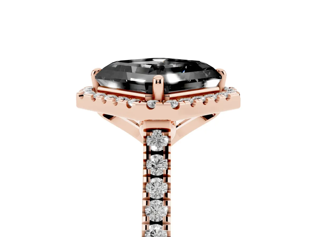 Fancy Black Asscher Cut Diamond Cushion Halo Ring with Pavé Band Rose gold