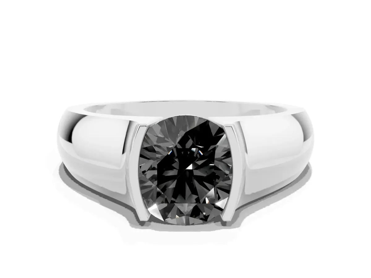 Fancy Black Round Cut Solitaire Bezel Set Diamond Ring with Wide Band Platinum