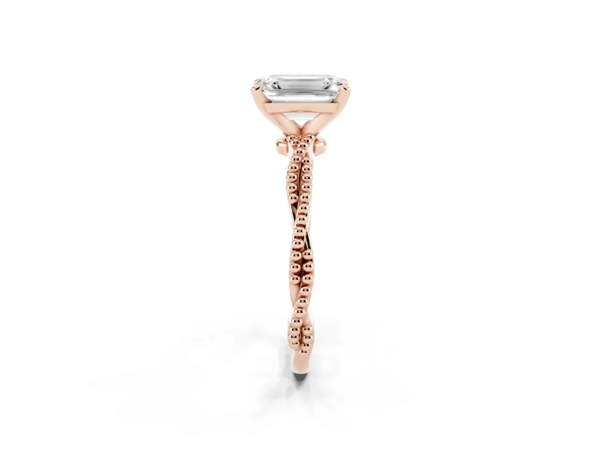 Emerald Cut Solitaire Twisted Band with Bead Prong Setting Rose gold