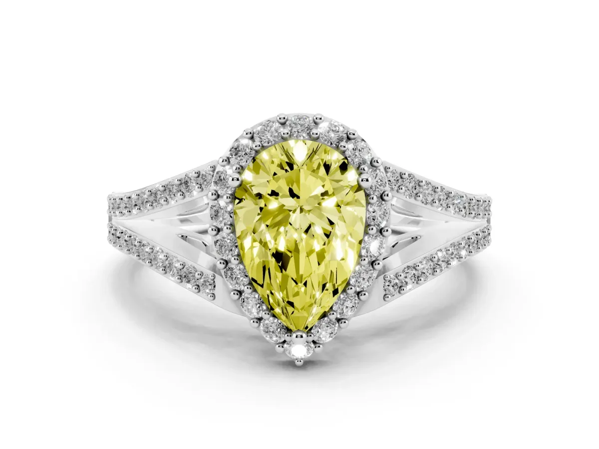 Fancy Yellow Pear Cut Halo Split Shank Pave Diamond Ring with Four-Prong Setting Platinum