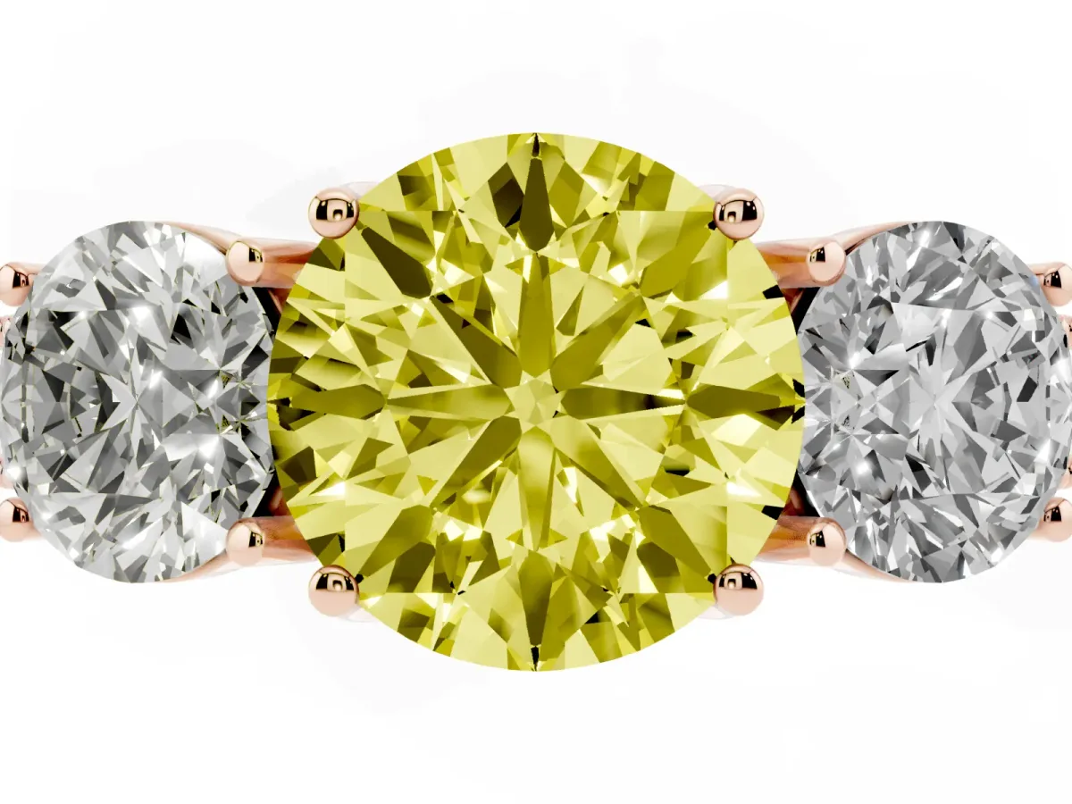 Fancy Yellow Three-Stone Round Cut Cut Milgrain Pavé Engagement Ring Rose gold