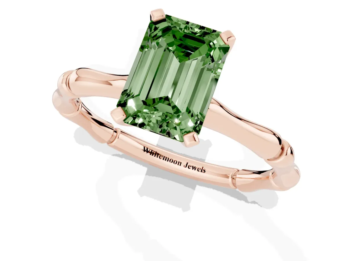 Fancy Green Emerald Cut Solitaire Diamond Ring with Bamboo Band and Four-Prong Setting Rose gold