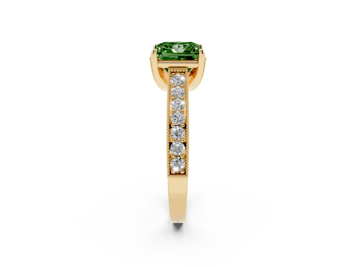 Fancy Green Princess Cut Cut Diamond Solitaire Ring with Milgrain Pave Band and Four Prong Setting Yellow gold