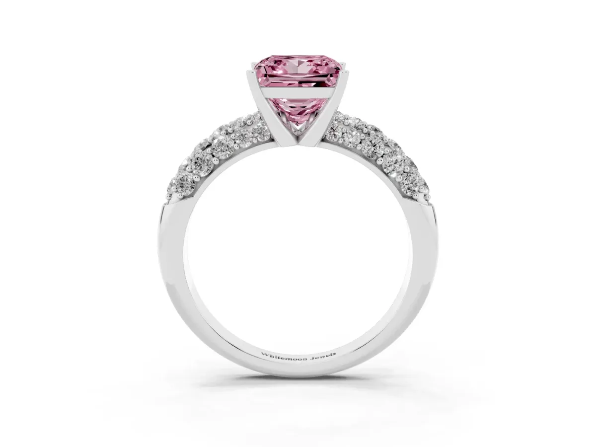 Fancy Pink Princess Cut Diamond Pavé Band Solitaire Ring with Four-Prong Setting Silver