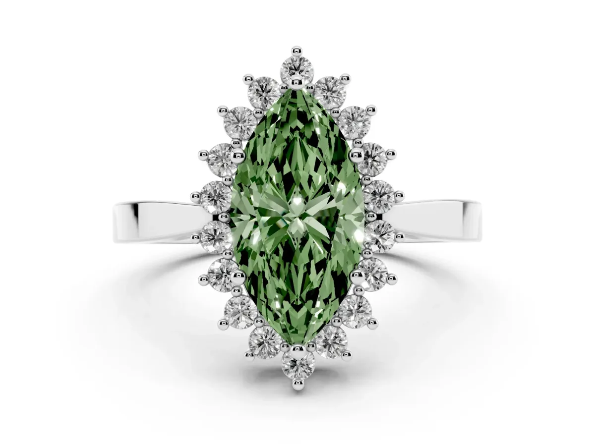 Fancy Green Marquise Cut Cut Diamond Halo Ring with Round Brilliant Halo and Solitaire Band White gold