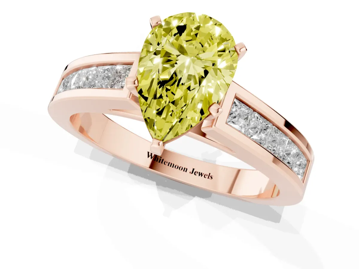 Fancy Yellow Pear Cut Solitaire Diamond Ring with Channel-Set Band and Four-Prong Setting Rose gold