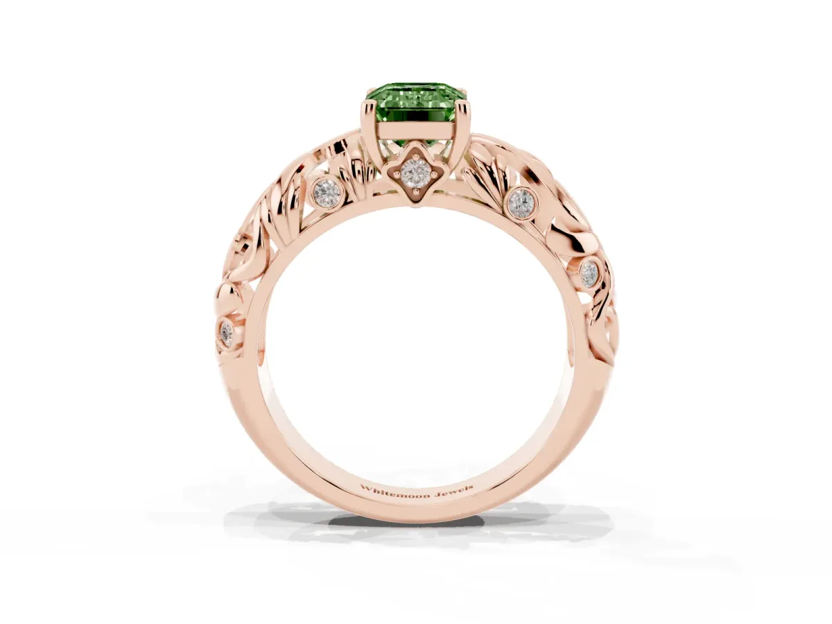 Fancy Green Emerald Cut Solitaire Diamond Leaf-Inspired Vine Band Ring with Prong Setting Rose gold