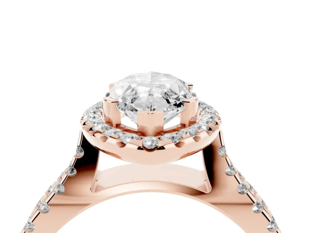 Marquise Cut Diamond Halo Ring with Split Shank Pavé Band and Prong Setting Rose gold