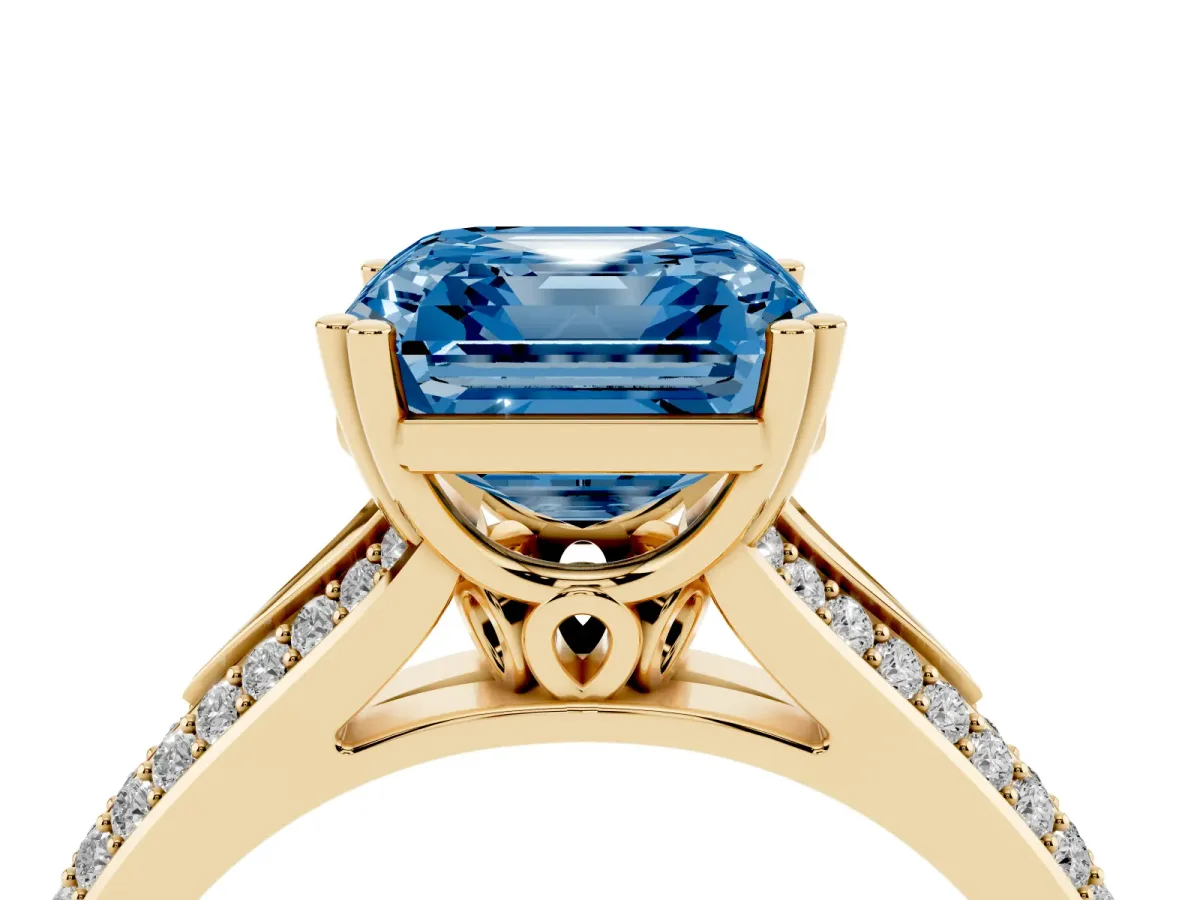 Fancy Blue Asscher Cut Diamond Split Shank Engagement Ring with Pavé Band Yellow gold