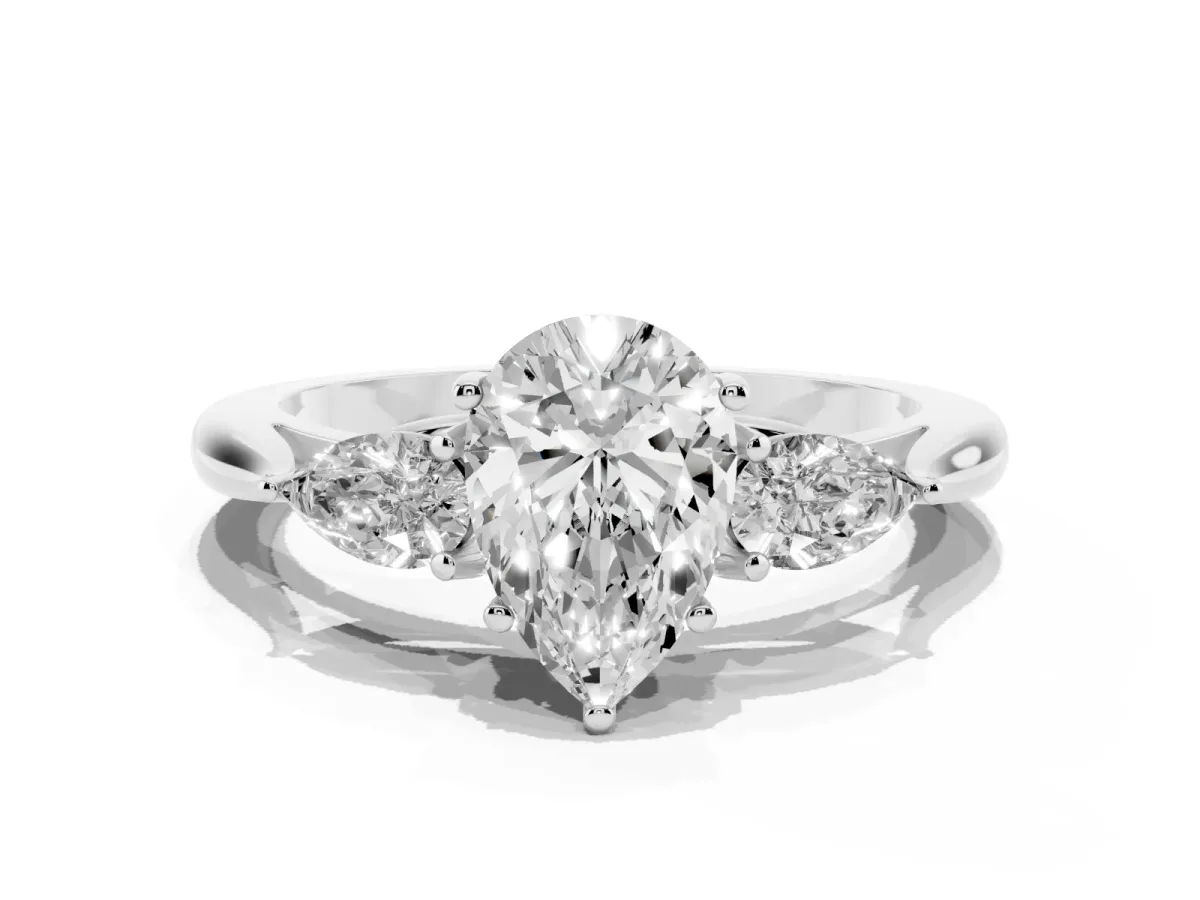 Pear Cut Diamond Three-Stone Ring with Pear Side Stones and Prong Setting Silver