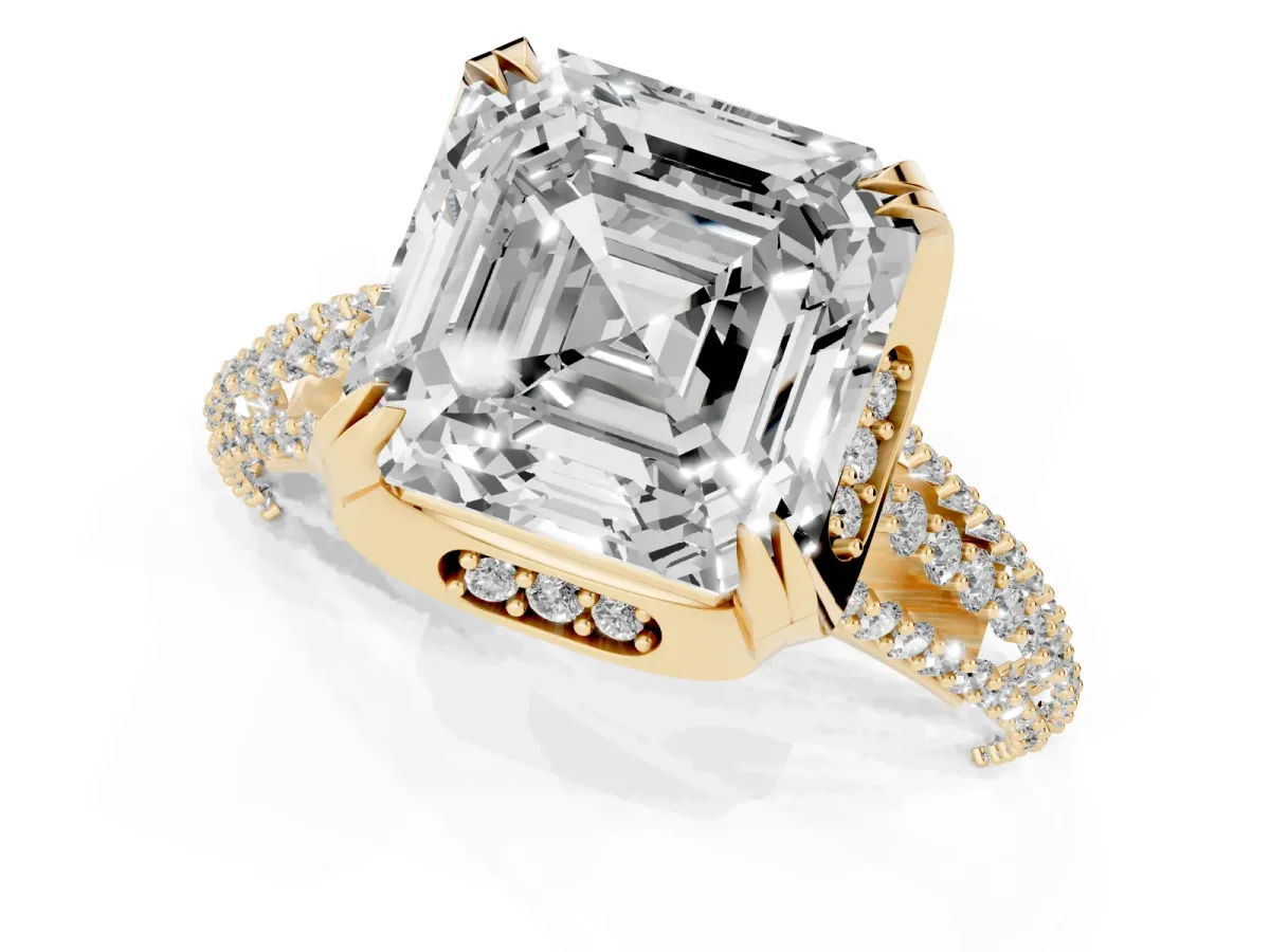 Asscher Cut Solitaire Pave Split Shank Ring with Four-Prong Setting Yellow gold