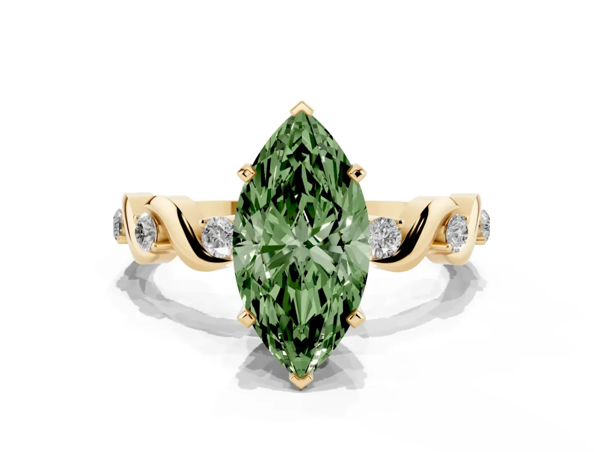 Fancy Green Marquise Cut Diamond Solitaire Twisted Band with Round Accents and Prong Setting Yellow gold
