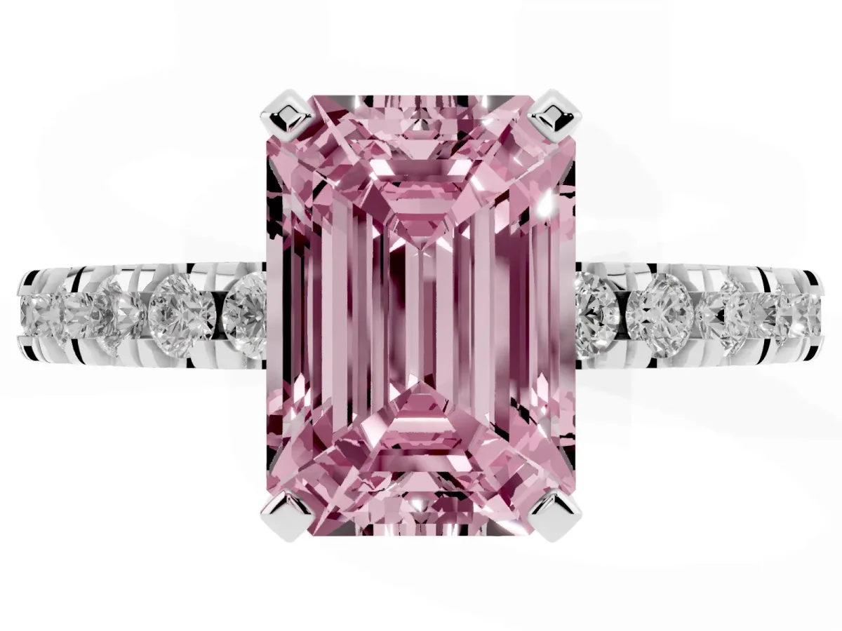 Fancy Pink Emerald Cut Diamond Pavé Band Solitaire with Four-Prong Setting Silver