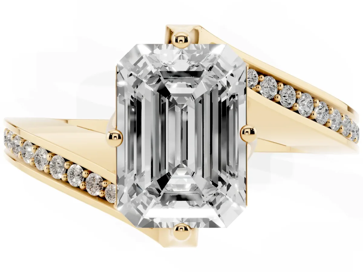Emerald Cut Solitaire Diamond Twist Band with Pavé Setting and Four-Prong Setting Yellow gold
