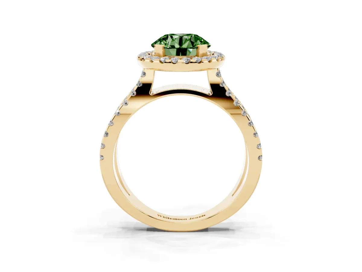 Fancy Green Round Cut Diamond Halo Ring with Split Shank Pavé Band and Prong Setting Yellow gold