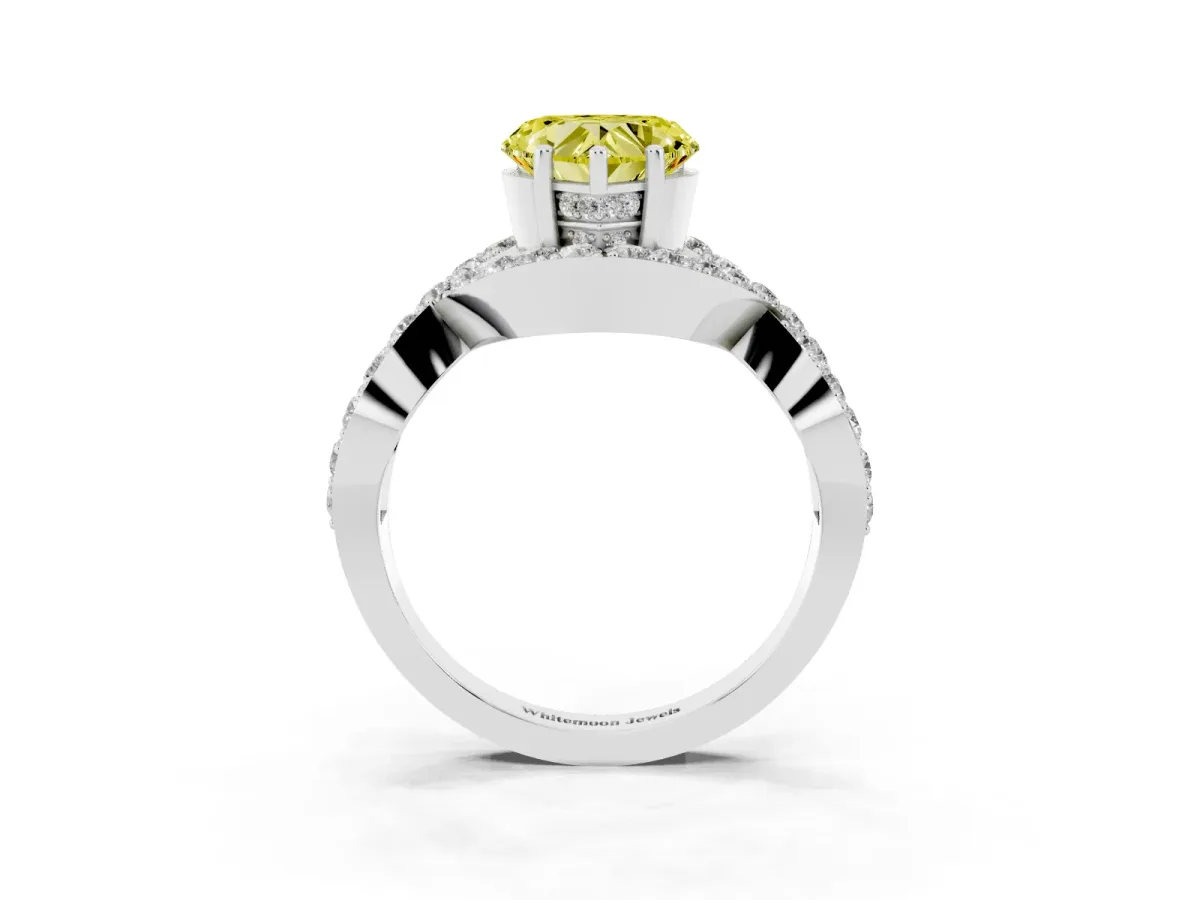 Fancy Yellow Heart Cut Solitaire Twist Band Pavé Diamond Engagement Ring Silver
