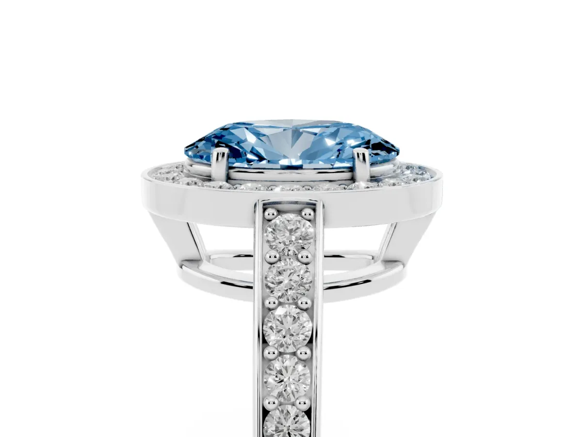 Fancy Blue Oval Cut Halo Pavé Diamond Engagement Ring with Bezel Setting Silver