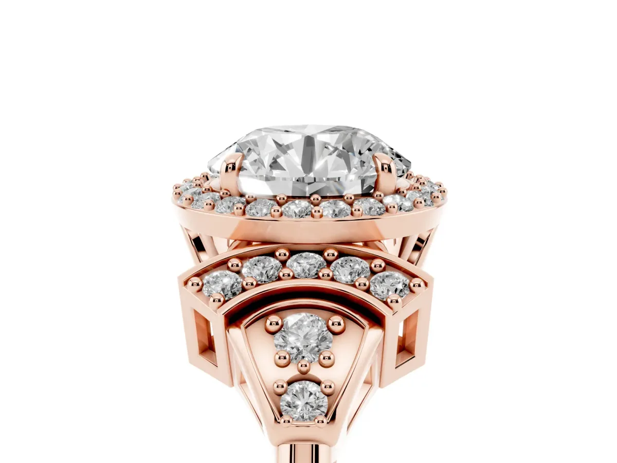 Round Cut Halo Diamond Split Shank Engagement Ring with Four-Prong Setting Rose gold