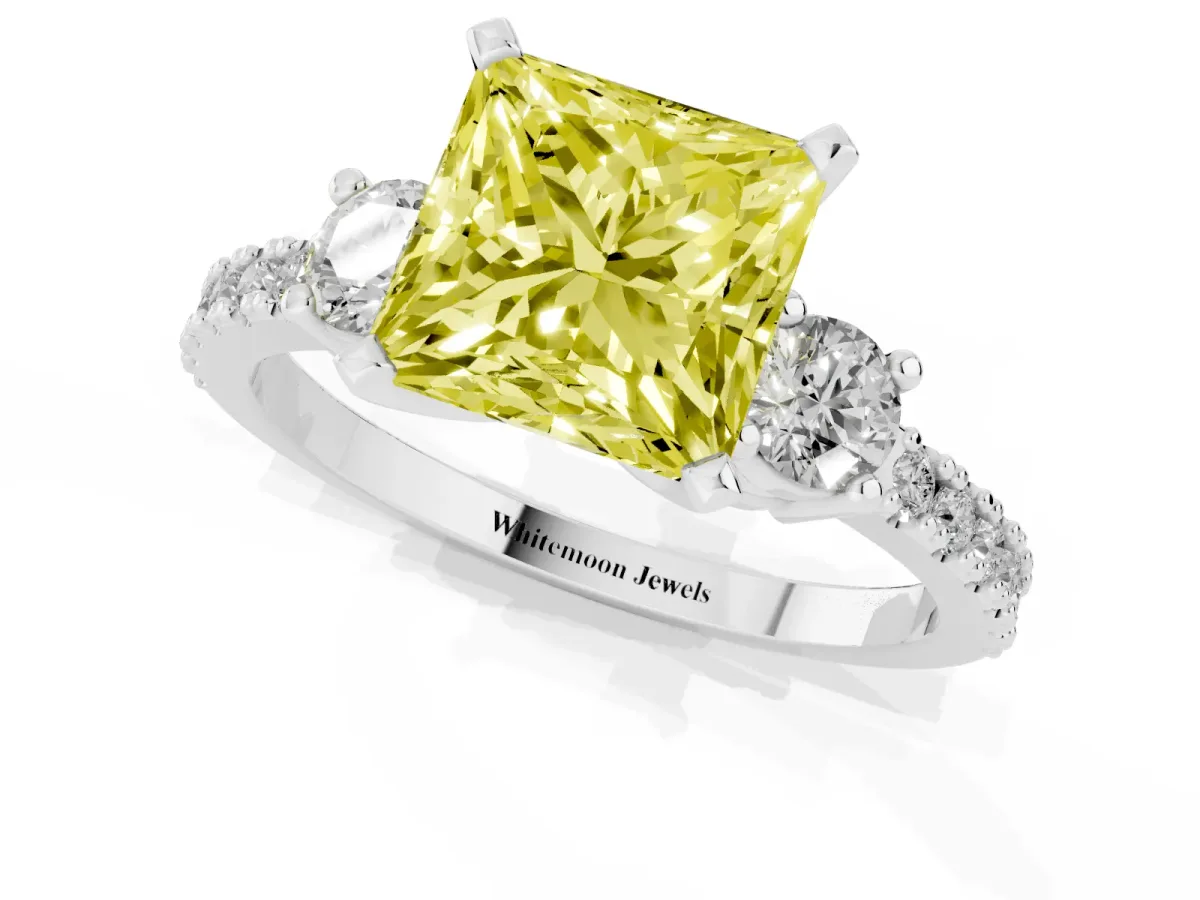 Fancy Yellow Princess Cut Three-Stone Diamond Pavé Band with Prong Setting Silver