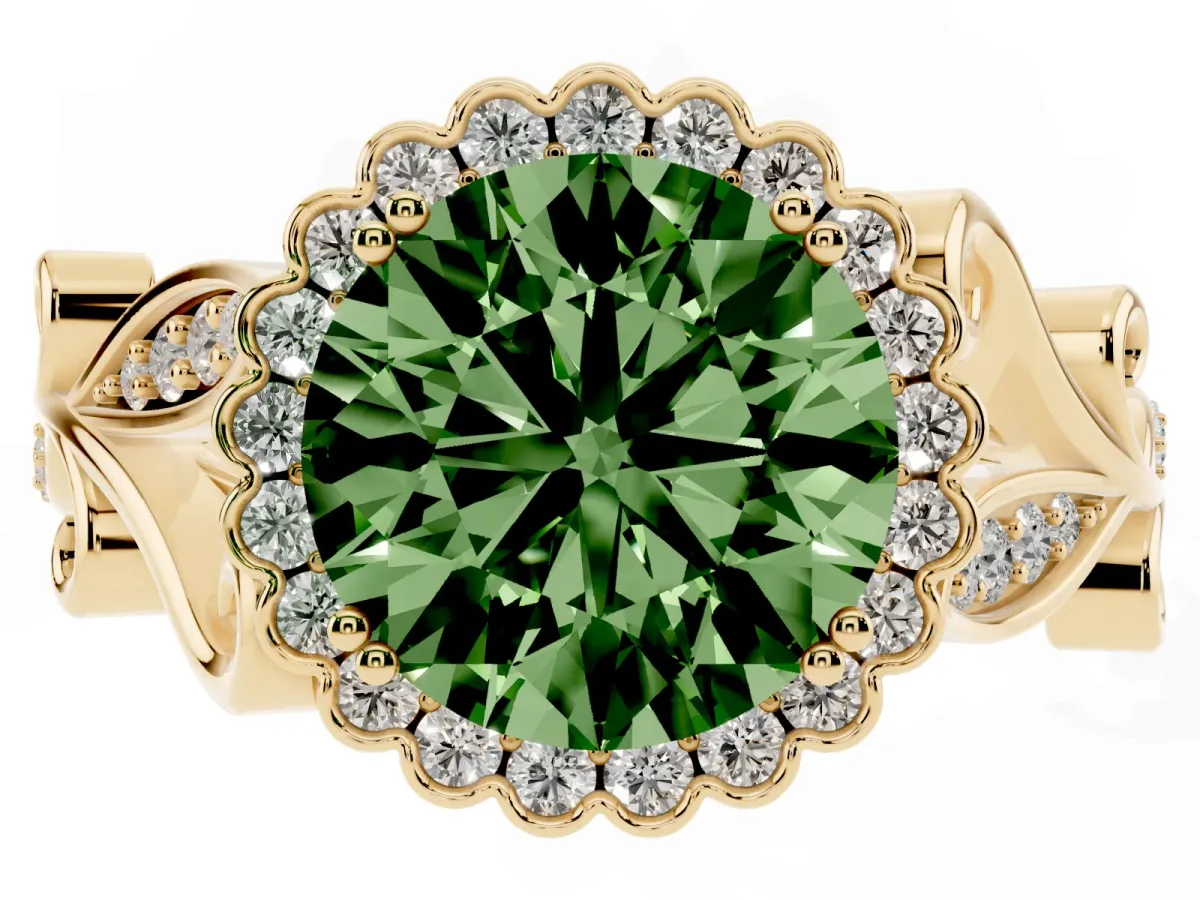 Fancy Green Round Cut Diamond Halo Ring with Vintage Split Shank and Four-Prong Setting Yellow gold