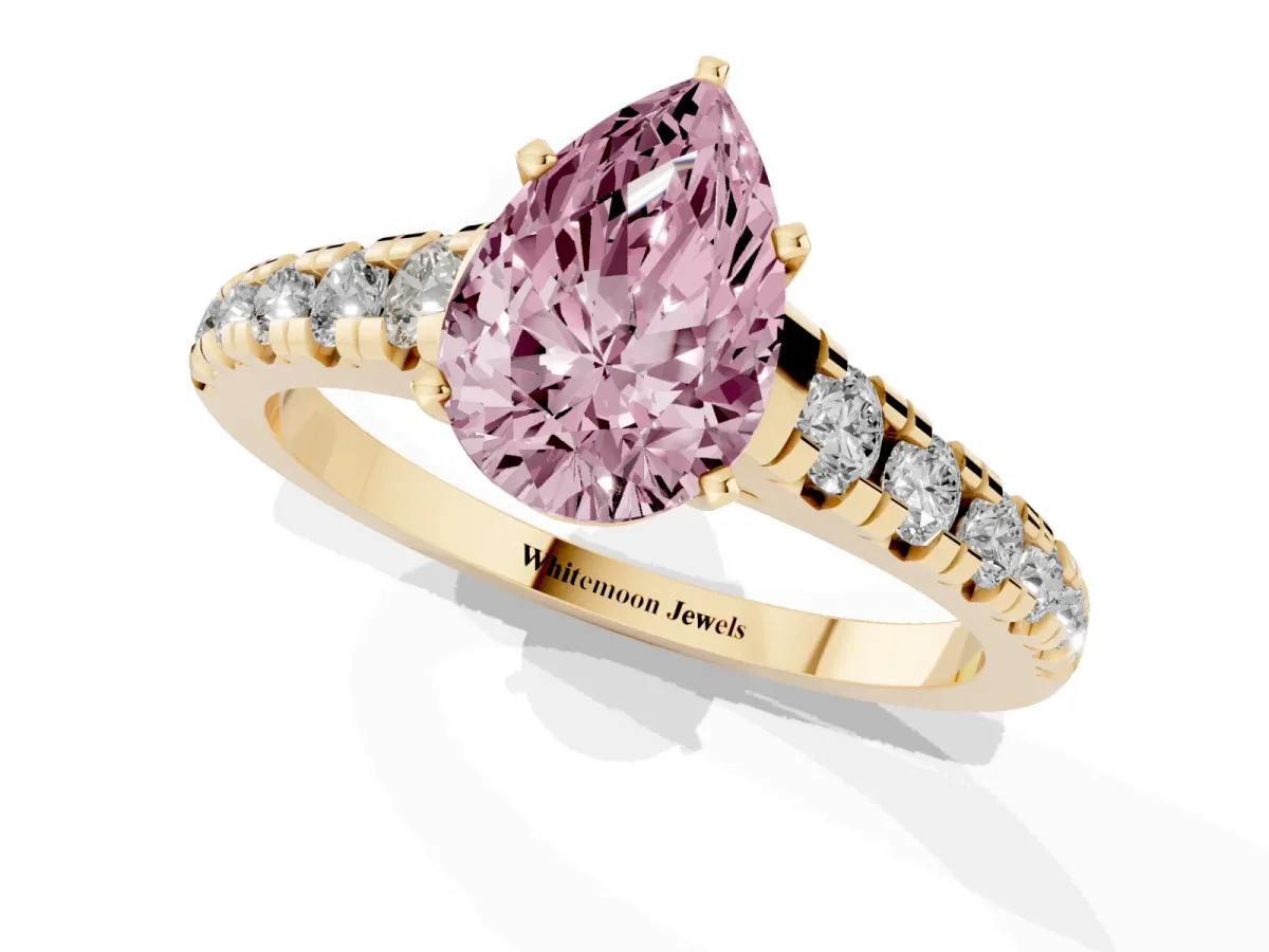 Fancy Pink Pear Cut Diamond Cathedral Solitaire Ring with Round Pavé Band Yellow gold