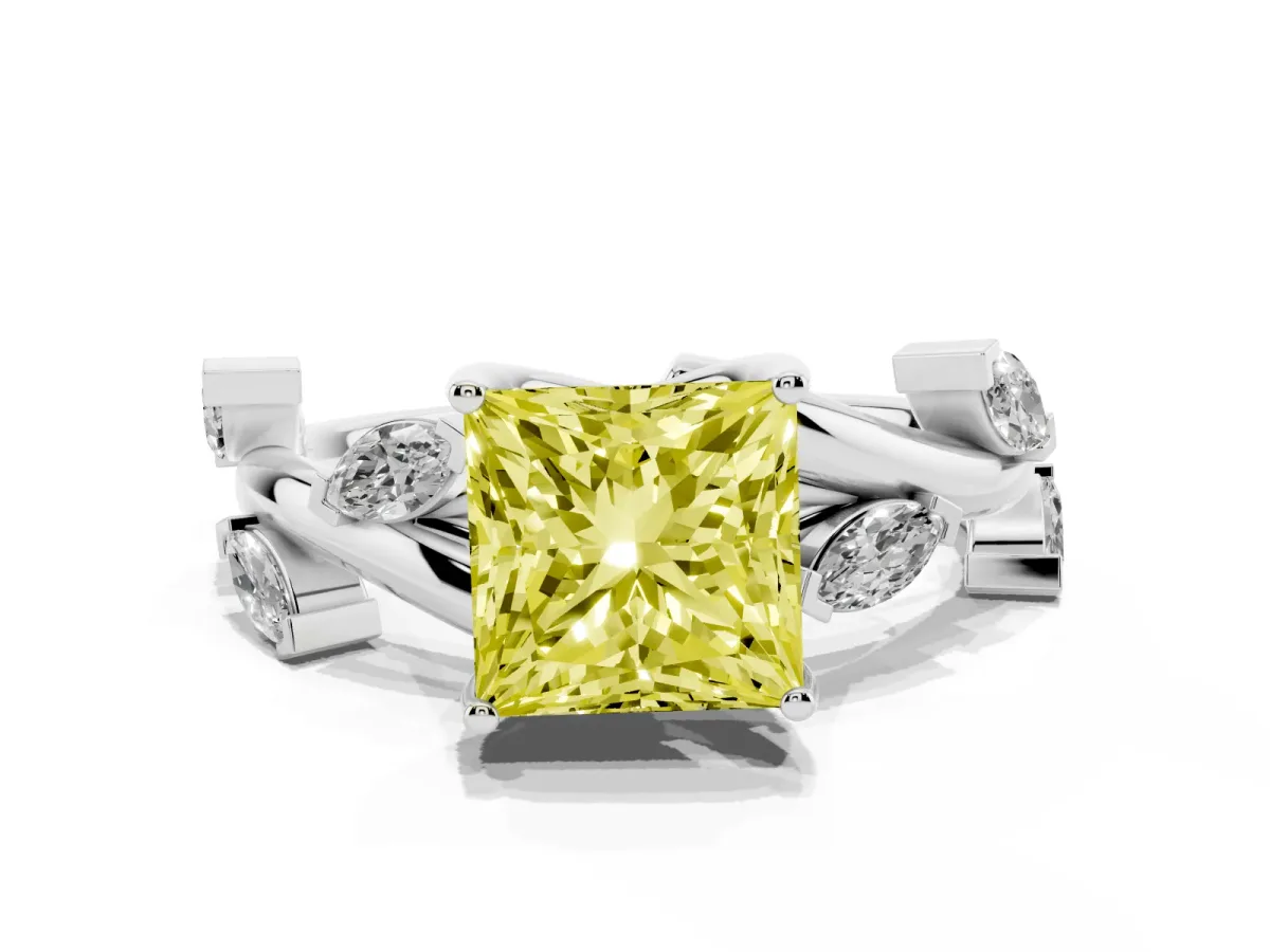 Fancy Yellow Princess Cut Solitaire Twisted Band Marquise Accent Prong Setting Ring Silver