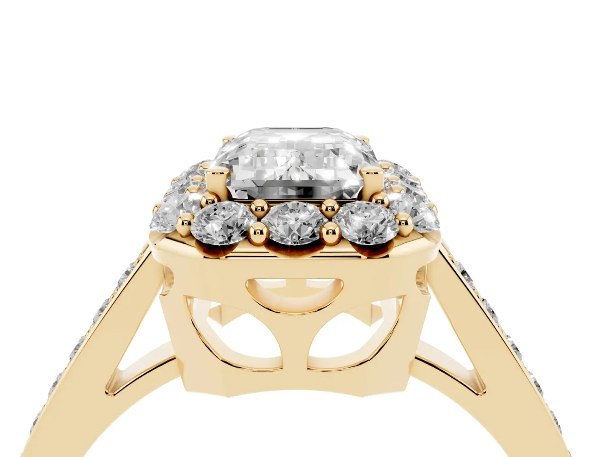 Emerald Cut Diamond Floral Halo Ring with Pavé Band and Prong Setting Yellow gold