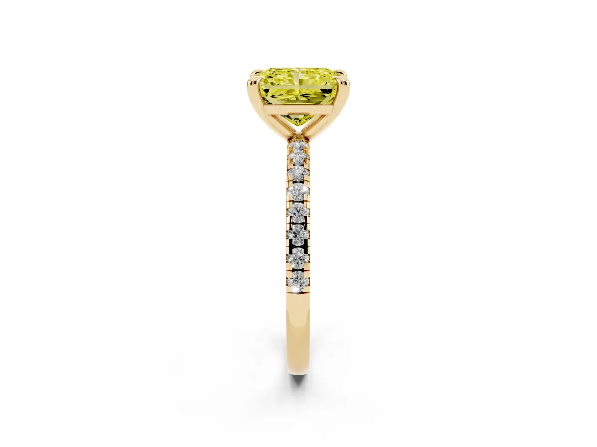 Fancy Yellow Radiant Cut Diamond Brilliant Solitaire Ring with Pavé Band and Four-Prong Setting Yellow gold