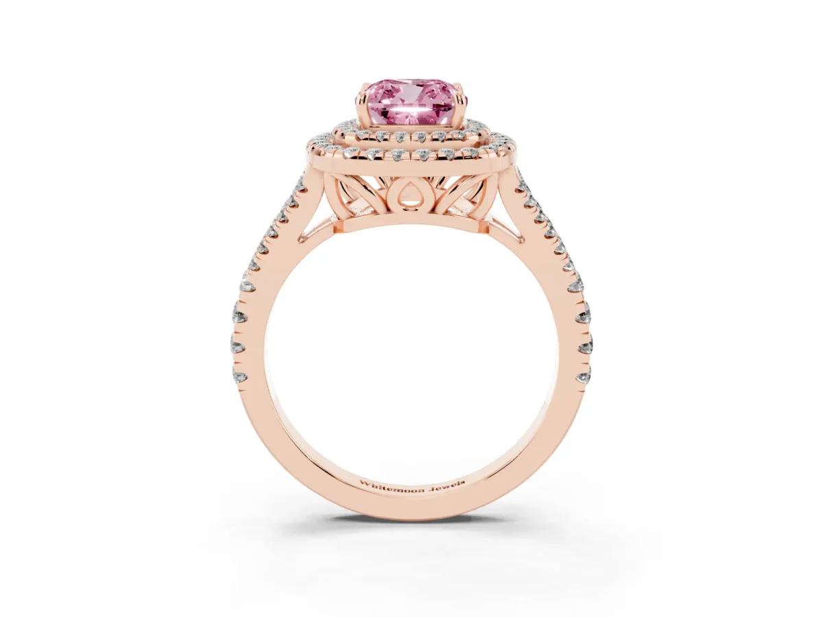 Fancy Pink Cushion Cut Diamond Double Halo Ring with Pavé Band and Prong Setting Rose gold