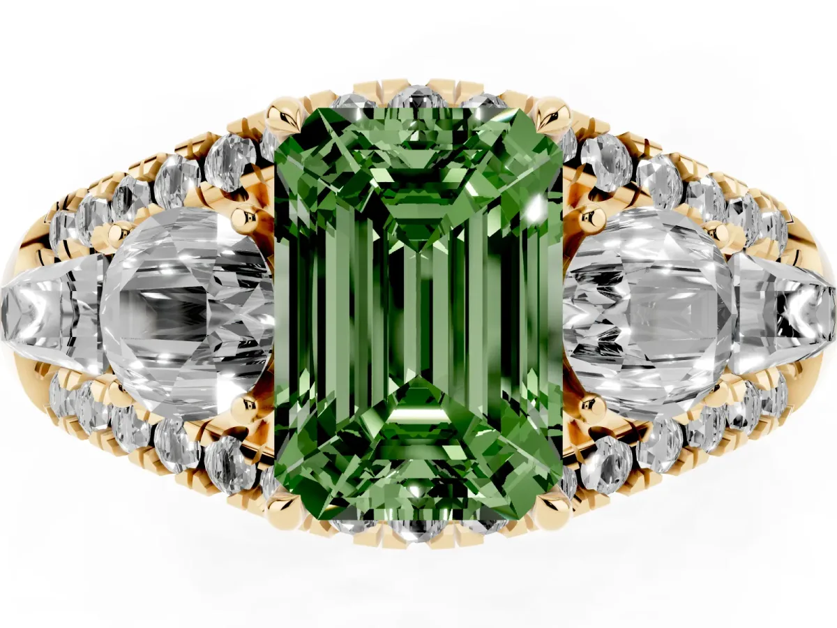 Fancy Green Three-Stone Emerald Cut Diamond Engagement Ring with Pave Band and Prong Setting Yellow gold