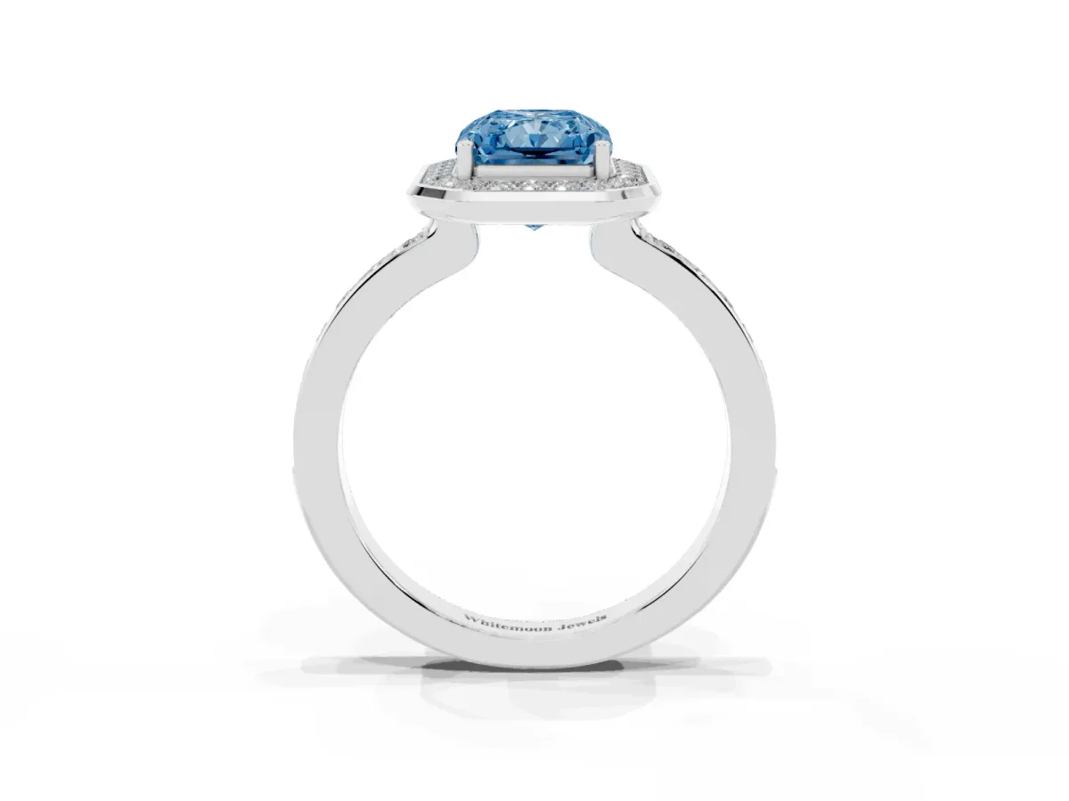 Fancy Blue Radiant Cut Diamond Halo Ring with Bezel Frame and Pavé Band Silver