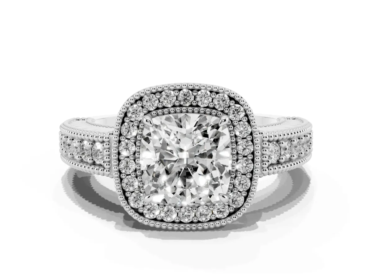 Cushion Cut Cut Halo Diamond Ring with Pavé Band and Four-Prong Setting Silver
