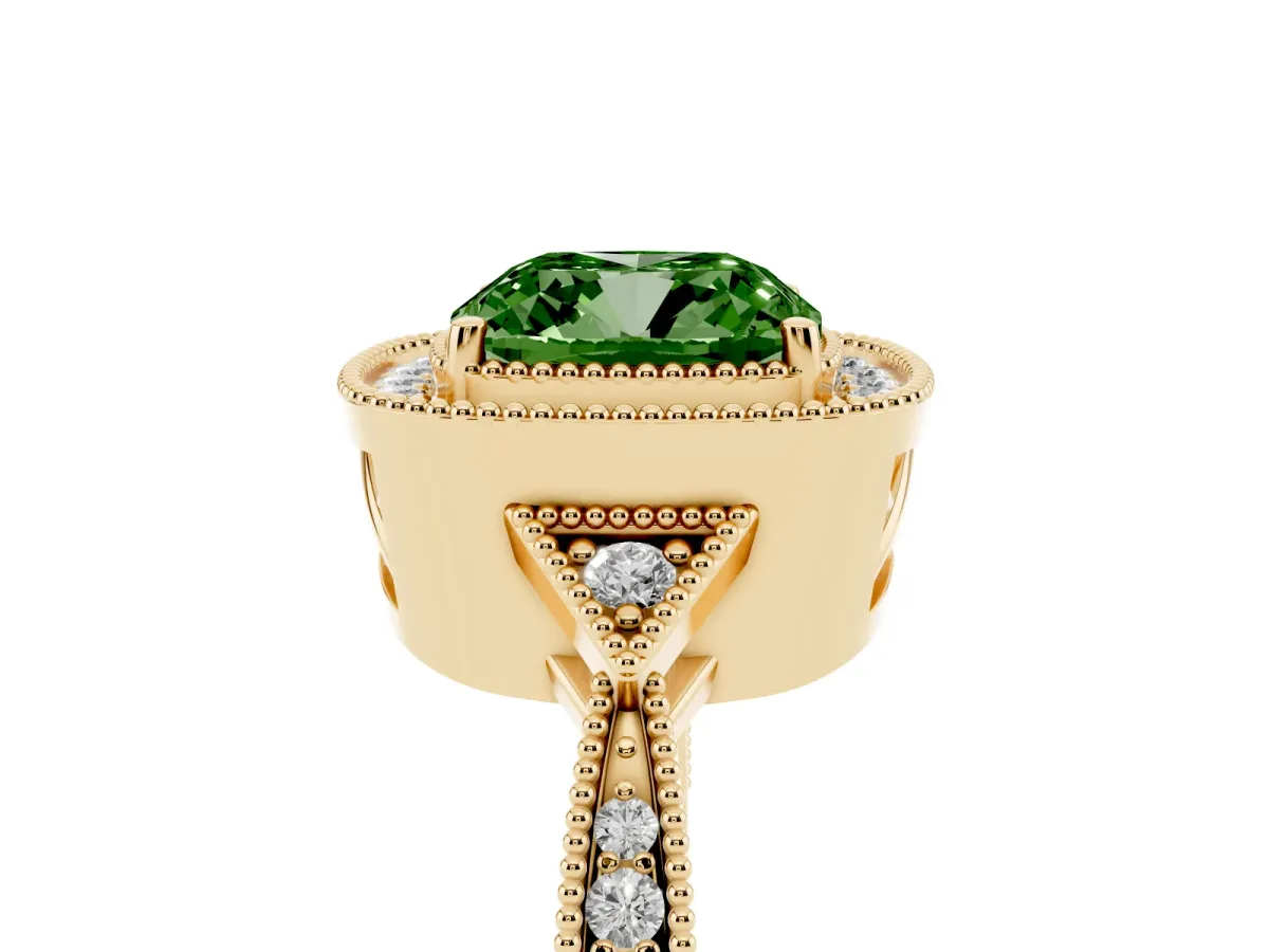 Fancy Green Cushion Cut Halo Round Diamond Milgrain Pave Engagement Ring Yellow gold