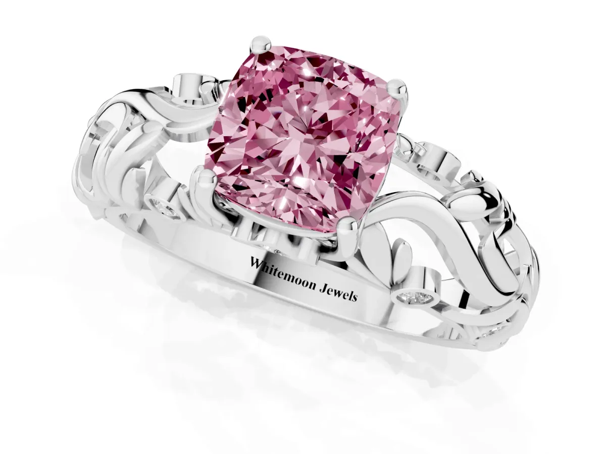 Fancy Pink Cushion Cut Solitaire Diamond Leaf-Inspired Vine Band Ring with Prong Setting Platinum