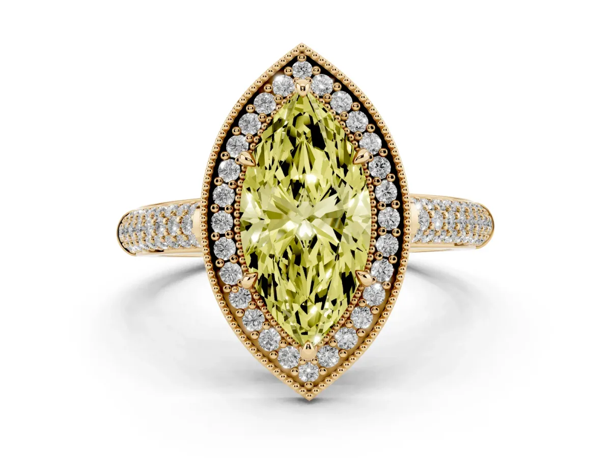 Fancy Yellow Marquise Cut Cut Halo Diamond Pave Band with Four-Prong Setting Yellow gold