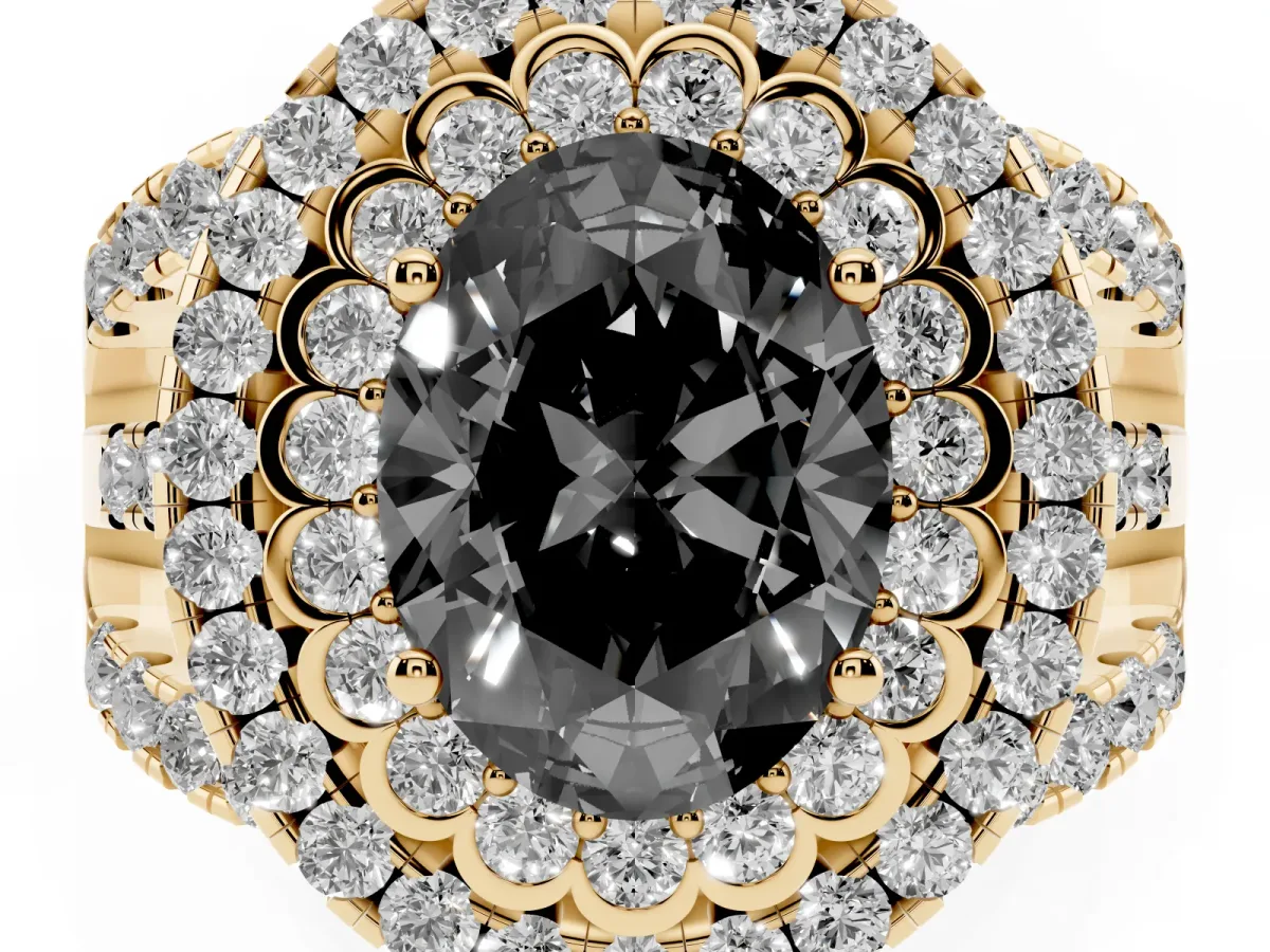 Fancy Black Oval Cut Diamond Double Halo Ring with Round Pavé Split Shank and Prong Setting Yellow gold