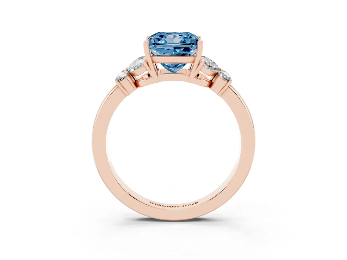 Fancy Blue Princess Cut Cut Solitaire Floral Diamond Ring with Four-Prong Setting Rose gold