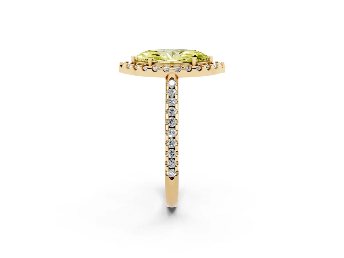 Fancy Yellow Marquise Cut Diamond Pavé Halo Ring with Four-Prong Setting Yellow gold