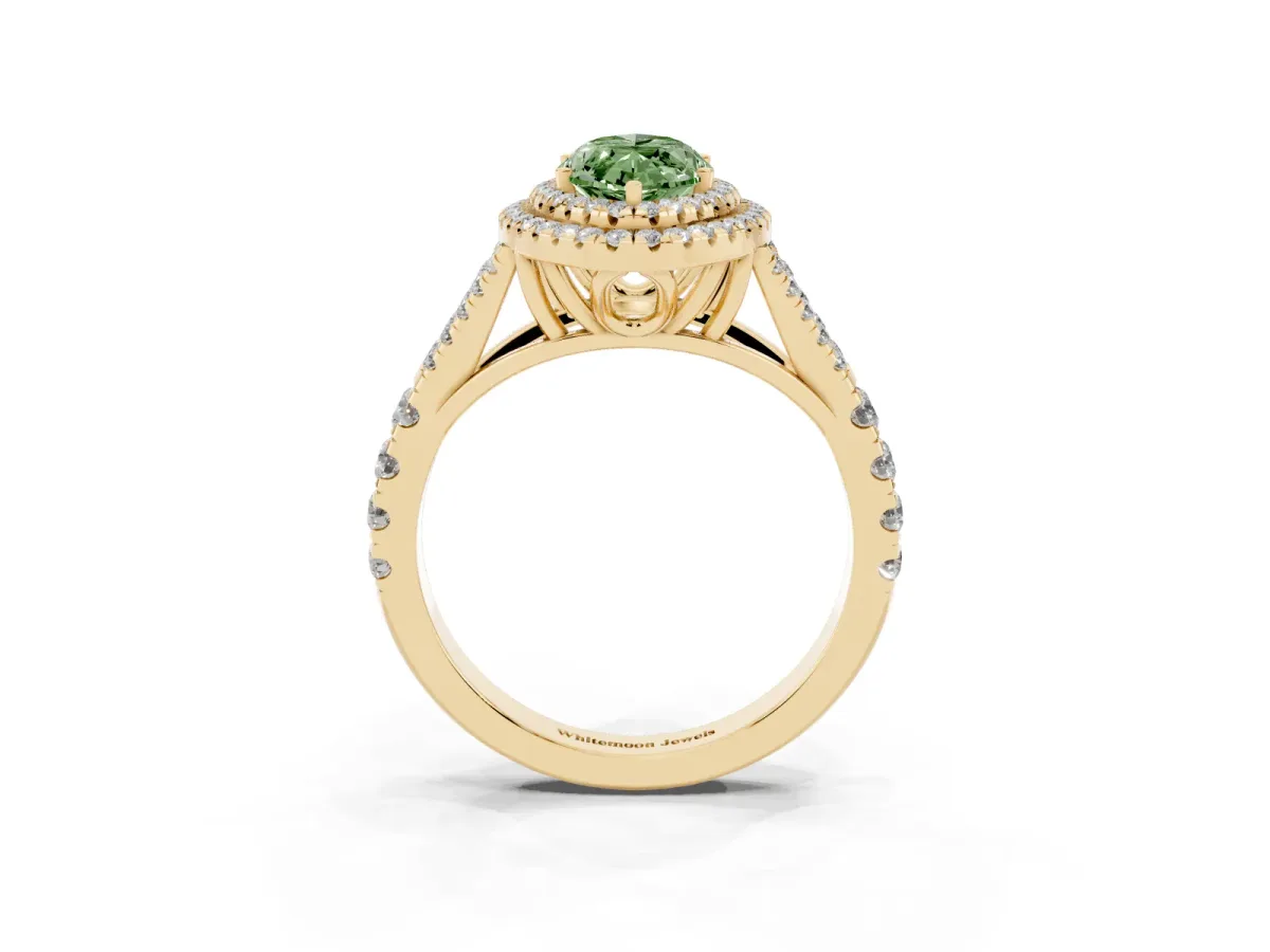 Fancy Green Marquise Cut Cut Double Halo Split Shank Diamond Ring with Prong Setting Yellow gold