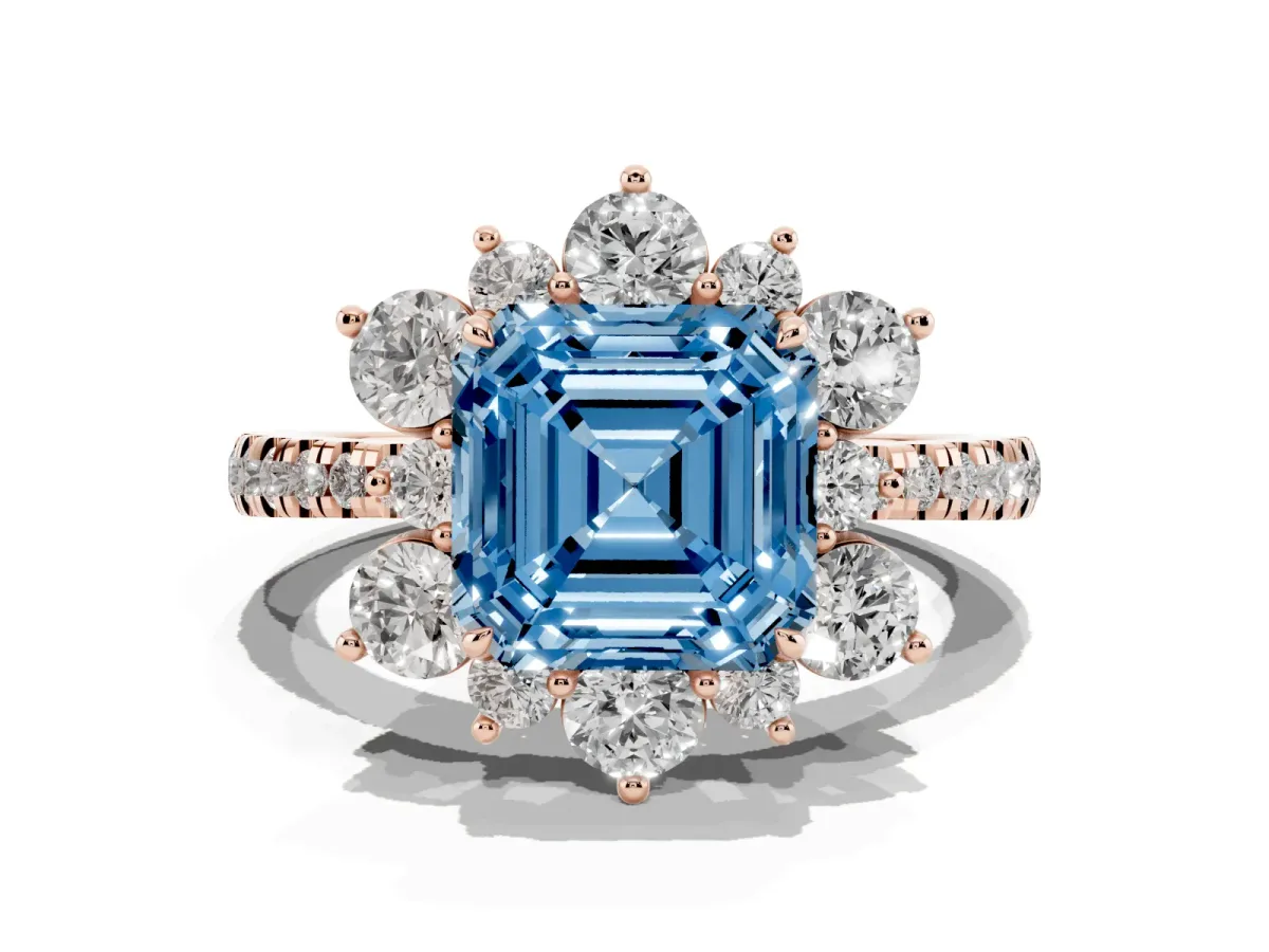 Fancy Blue Asscher Cut Diamond Floral Halo Ring with Round Pavé Band and Prong Setting Rose gold