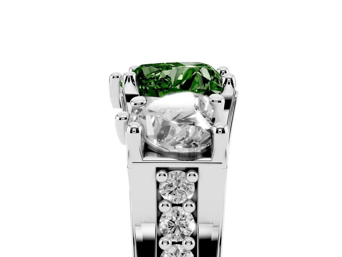 Fancy Green Heart Cut Diamond Three-Stone Ring with Channel Set Band and Four-Prong Setting Silver