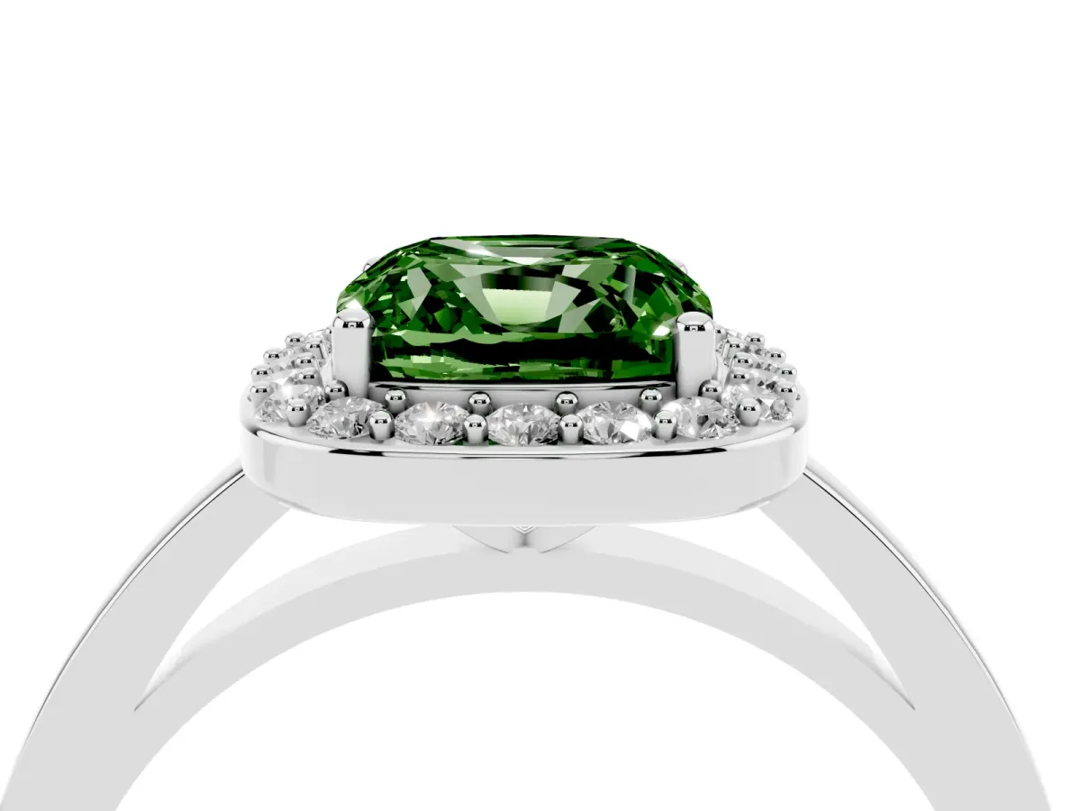 Fancy Green Cushion Cut Halo Diamond Ring with Solitaire Band and Prong Setting Platinum