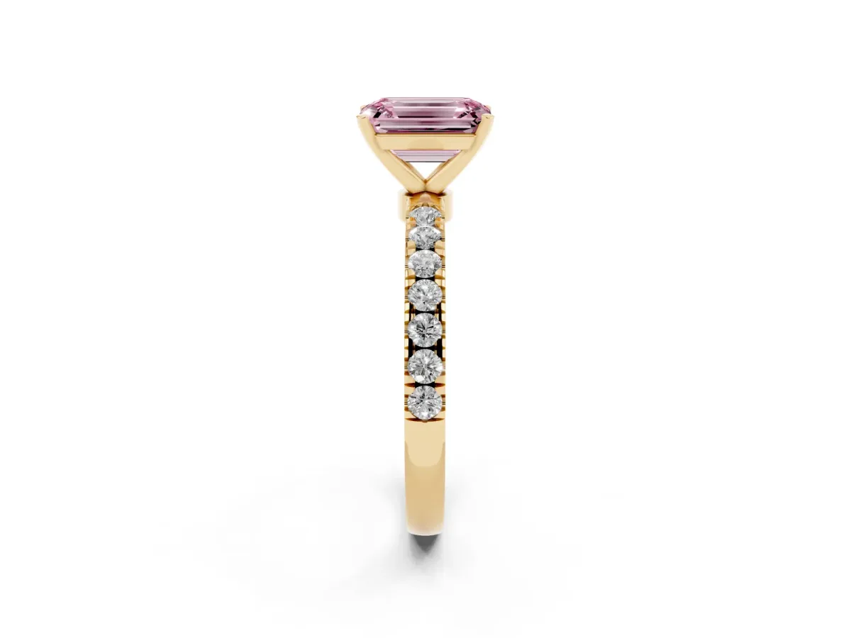 Fancy Pink Emerald Cut Diamond Solitaire Ring with Pavé Accents and Four-Prong Setting Yellow gold