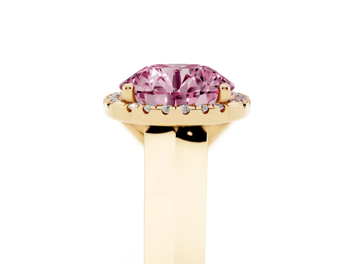 Fancy Pink Round Cut Halo Diamond Ring with Cathedral Band and Four-Prong Setting Yellow gold