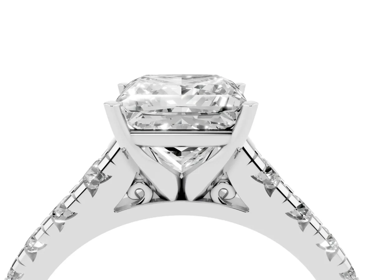 Princess Cut Diamond Cathedral Solitaire Ring with Round Pavé Band Platinum