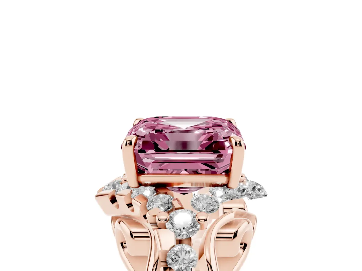 Fancy Pink Asscher Cut Diamond Solitaire Ring with Hidden Halo and Pavé Band Rose gold