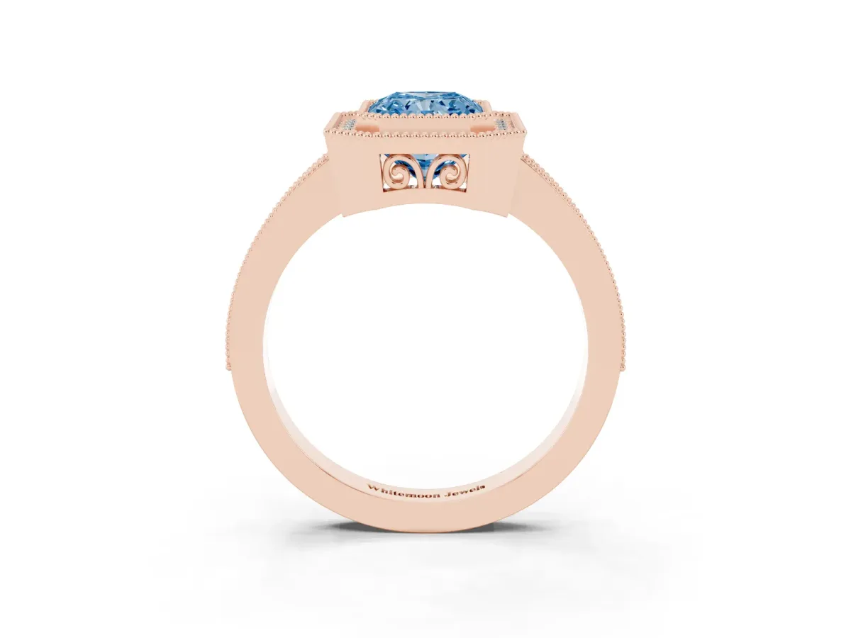 Fancy Blue Radiant Cut Cut Halo Diamond Ring with Pavé Band and Milgrain Prong Setting Rose gold