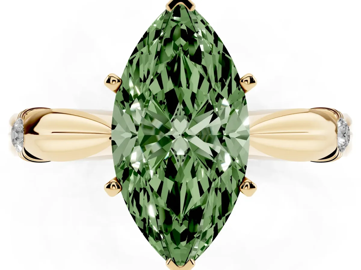 Fancy Green Marquise Cut Solitaire Diamond Twisted Band with Four-Prong Setting Yellow gold