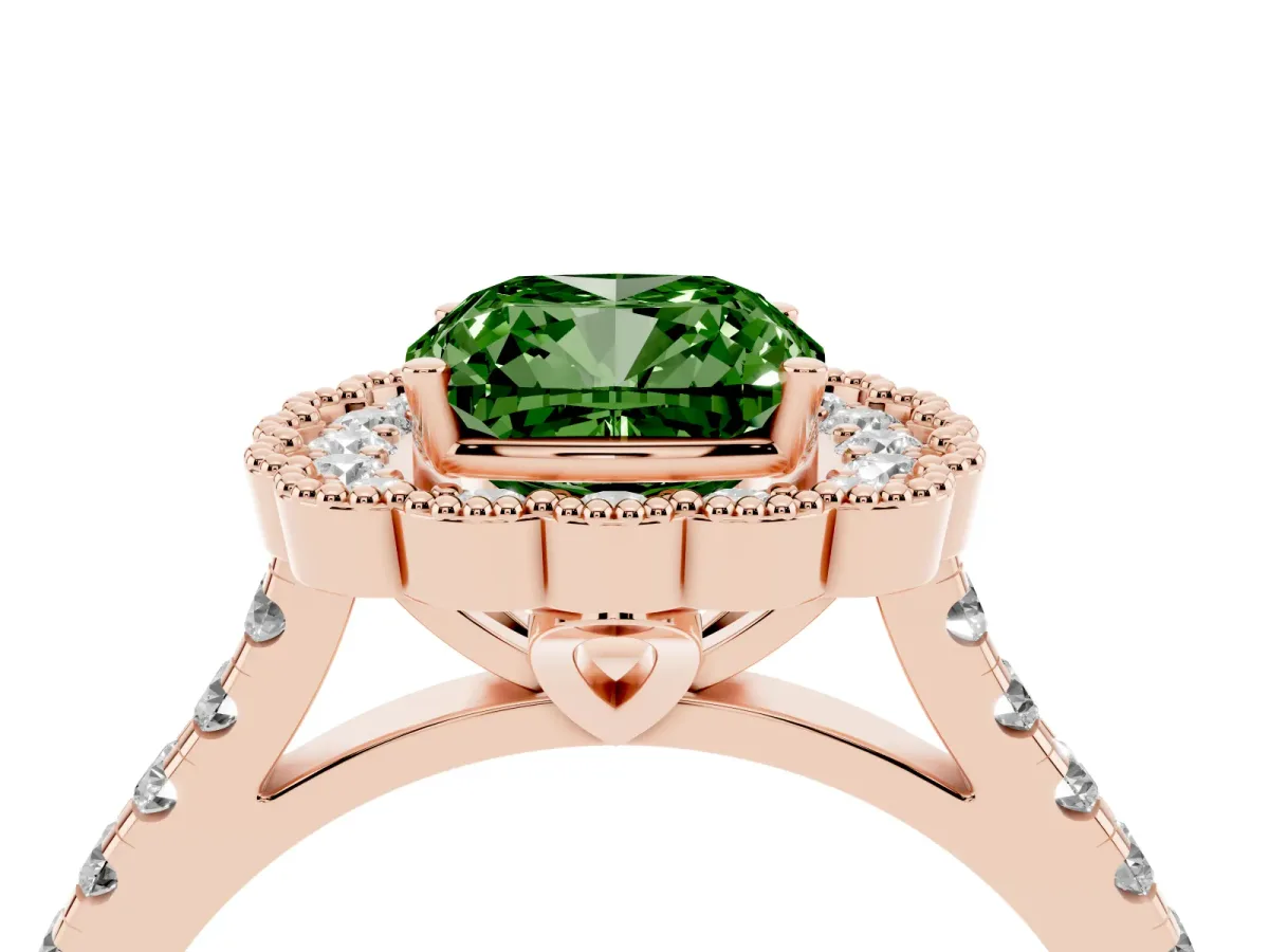 Fancy Green Cushion Cut Cut Diamond Milgrain Floral Halo Engagement Ring with Pavé Band Rose gold