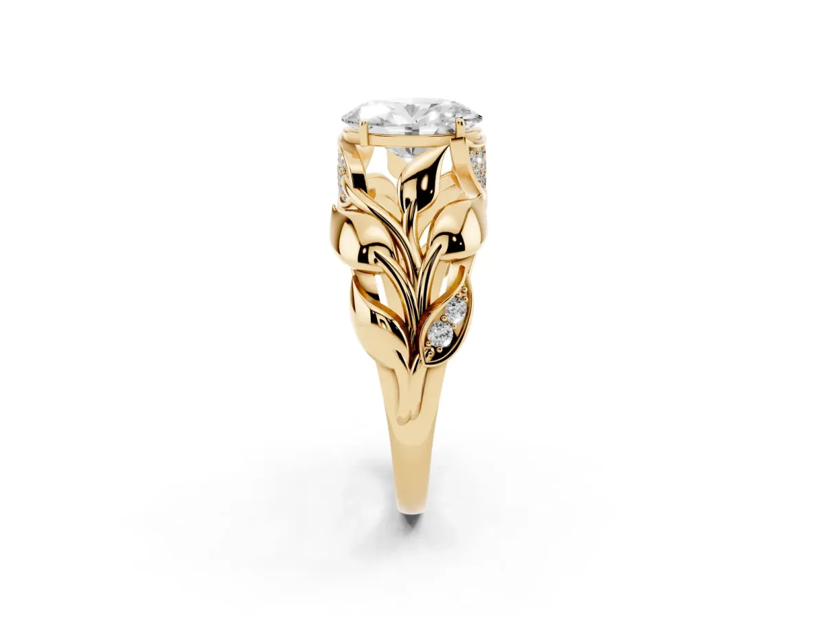 Oval Cut Diamond Leaf-Inspired Engagement Ring with Round Accents and Prong Setting Yellow gold